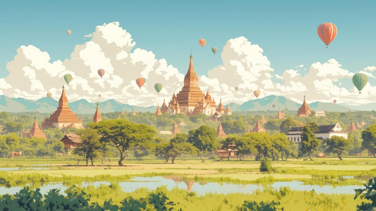 Vector arte tradicional de bagan en myanmar