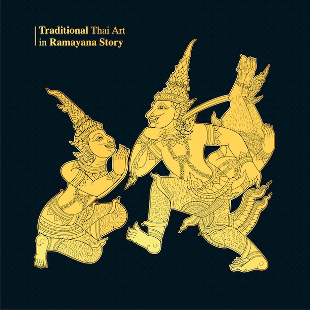 Arte tradicional tailandés en Ramayana Story, vector de estilo