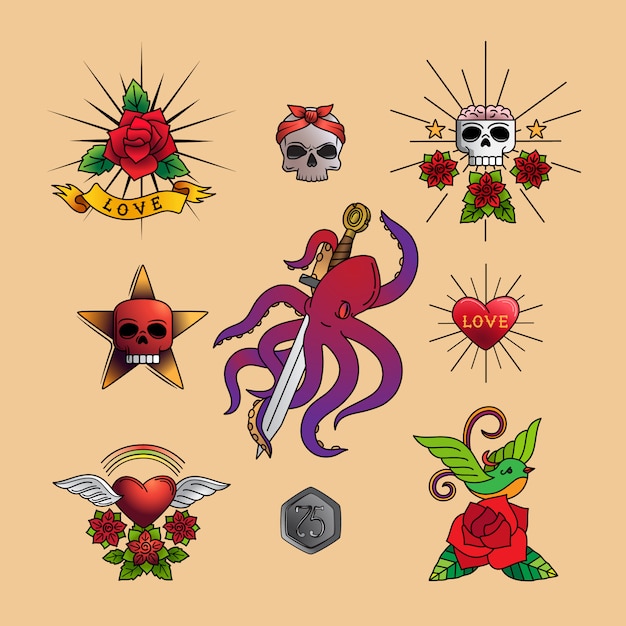 Arte tradicional del tatuaje con flores color de rosa,