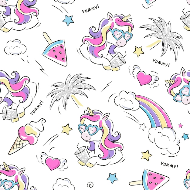 Arte Unicornio helado fiesta de verano Hermoso patrón de verano blanco Dibujo de ilustración de moda