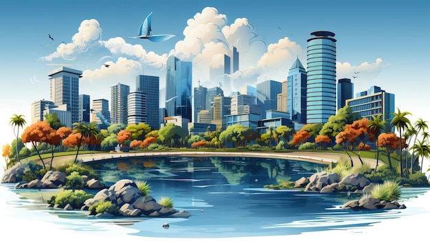 Vector arte vectorial acuarela 3d paisaje metrópolis puesta de sol en fondo blanco eps paris france pari