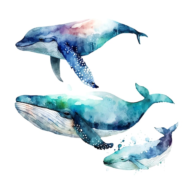 Arte vectorial de ballena azul aislado sobre fondo blanco Fauna oceánica Ilustración náutica de dibujos animados Estilo marino para el logotipo de la tarjeta de felicitación o decoración