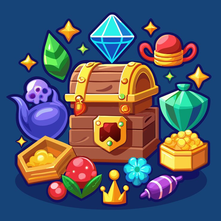 Vector arte vectorial de cofre del tesoro de fantasía con colección de gemas mágicas