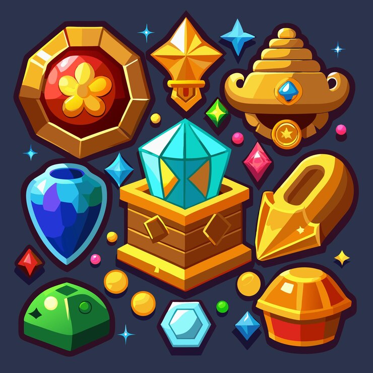 Vector arte vectorial de cofre del tesoro de fantasía con colección de gemas mágicas