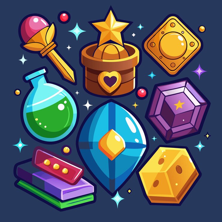 Vector arte vectorial de cofre del tesoro de fantasía con colección de gemas mágicas