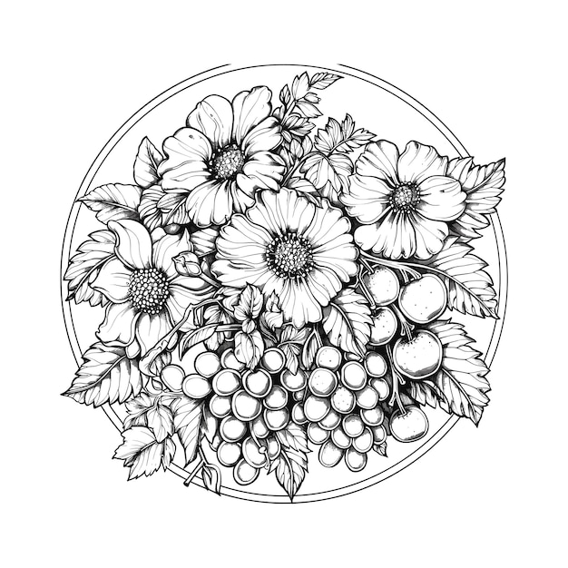 arte vectorial de color negro con conjunto de ilustraciones de corona de flores circulares