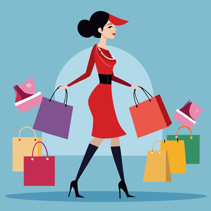 Vector arte vectorial de compradores alegres con bolsas de colores