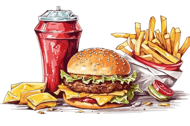 Vector arte vectorial conjunto de comida rápida acuarela calle comida rápida bebidas dulces panadería sándwiches pizza hamburguesa