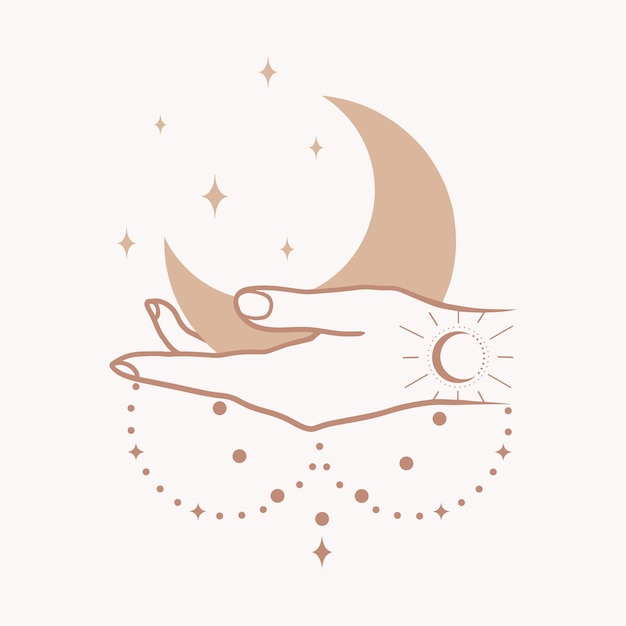 Arte vectorial de estilo boho mano femenina sosteniendo la luna colores beige