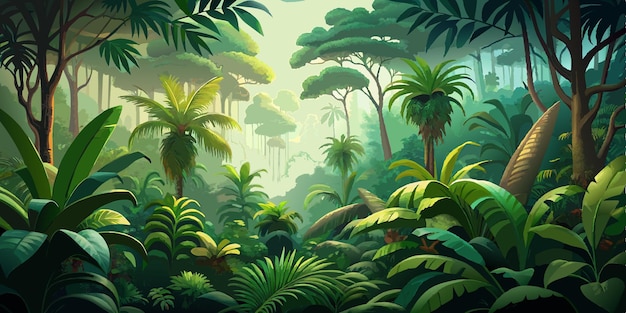 Vector un arte vectorial de una exuberante escena de la selva tropical con una variedad de palmeras y plátanos