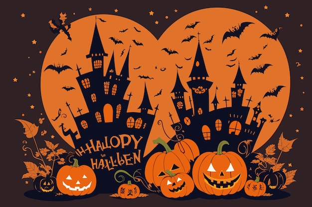 arte vectorial halloween bruja calabaza araña ilustración horror luz de una vela fondo espeluznante bat des