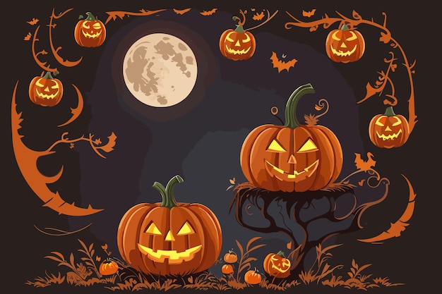 arte vectorial halloween bruja calabaza araña ilustración horror luz de una vela fondo espeluznante murciélago