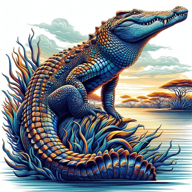 Vector arte vectorial hiperrealista y colorido de un cocodrilo reptil africano aislado sobre un fondo blanco