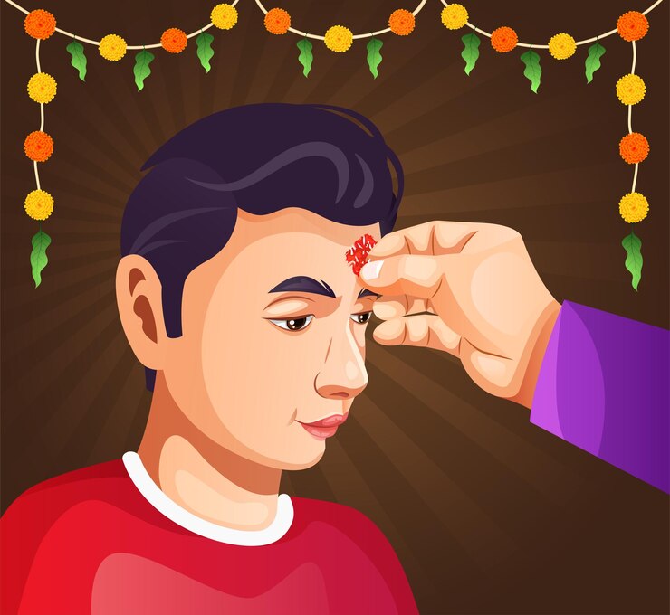 Vector arte vectorial de un niño nepalí recibiendo tika y bendiciones de su padre en el festival dashain