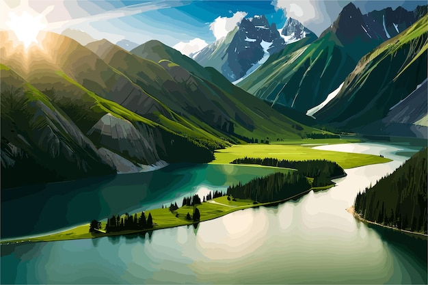 Vector arte vectorial del paisaje vista de montañas verdes y lago