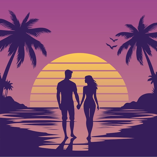 Vector arte vectorial de silueta de una pareja en una playa al atardecer