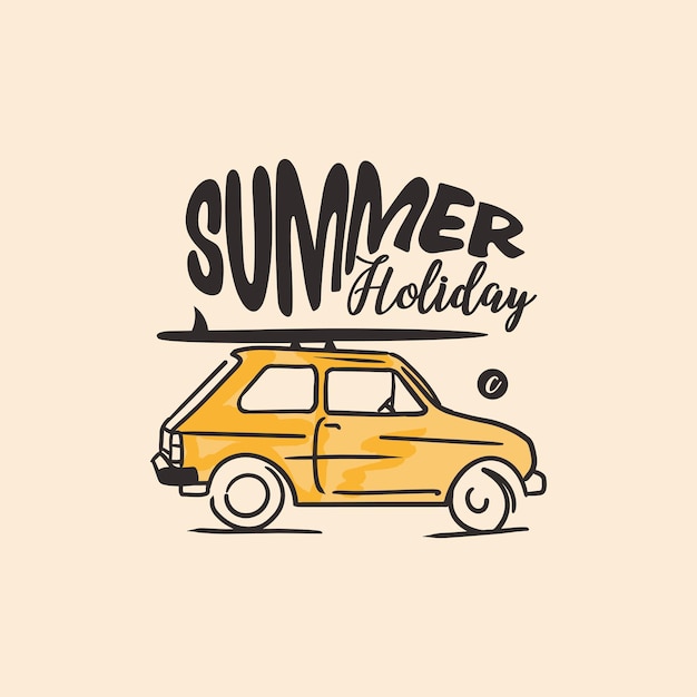 Arte Vintage Mano Dibujo Coche Vacaciones Verano Tipografía Camiseta Gráfico