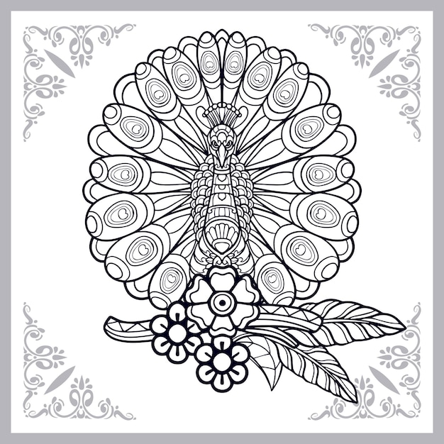 Arte del zentangle del pájaro del pavo real aislado en el fondo blanco