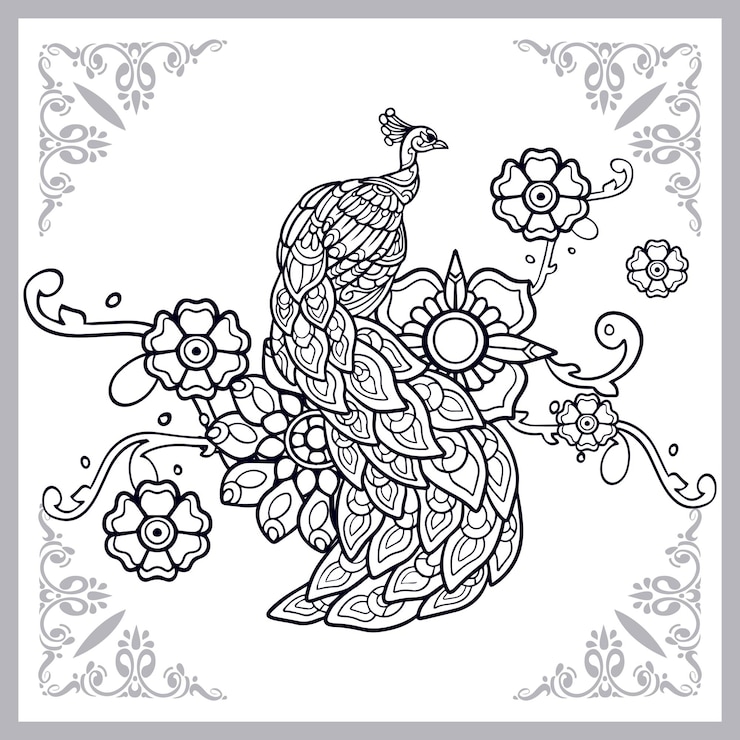 Vector arte del zentangle del pájaro del pavo real aislado en el fondo blanco