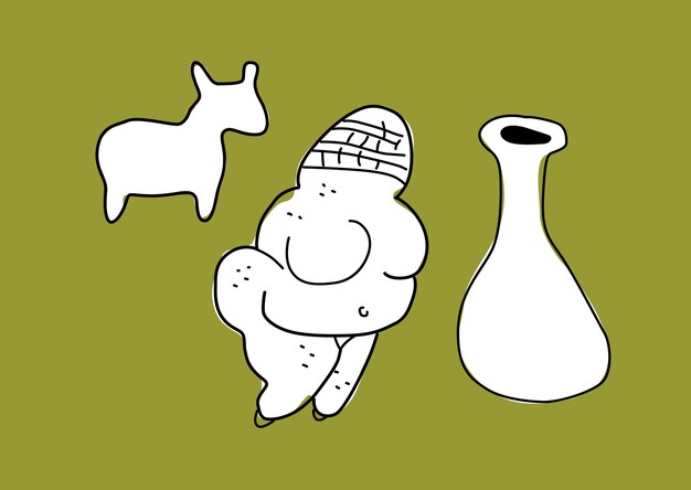 Artes y artesanías prehistóricas Elementos aislados hechos a mano prehistóricos Vector de estilo dibujado a mano de dibujos animados