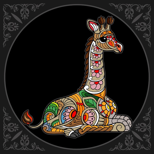 Artes coloridas del zentangle de la jirafa aisladas en fondo negro