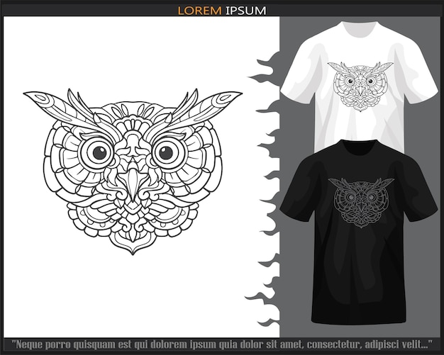 Vector artes de mandala de cabeza de búho aisladas en camiseta en blanco y negro