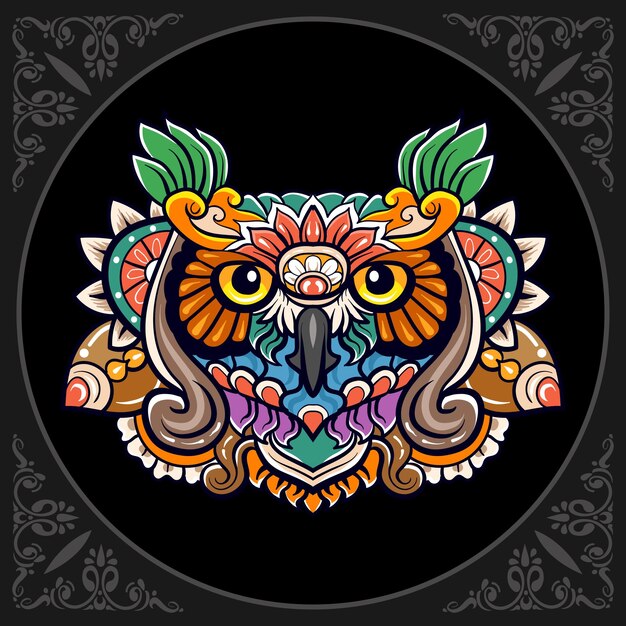 Artes de mandala de cabeza de búho colorido aislado sobre fondo negro