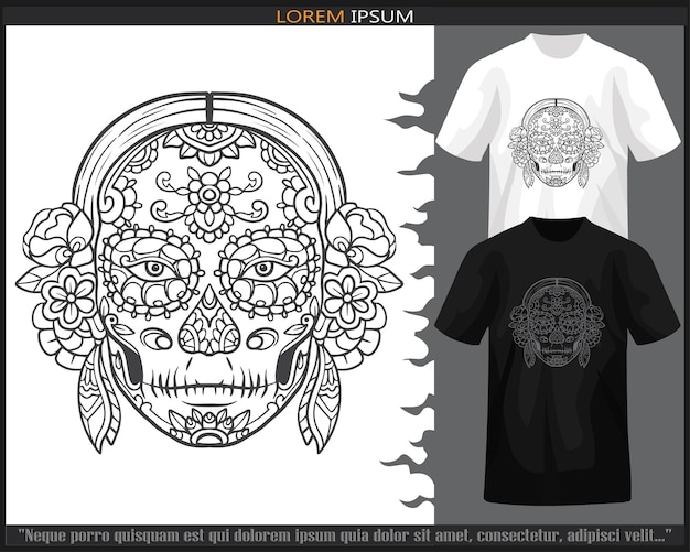 Artes de mandala de cabeza de calavera aisladas en camiseta en blanco y negro