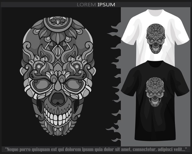 Artes de mandala de cabeza de calavera monocromática aisladas en camiseta en blanco y negro