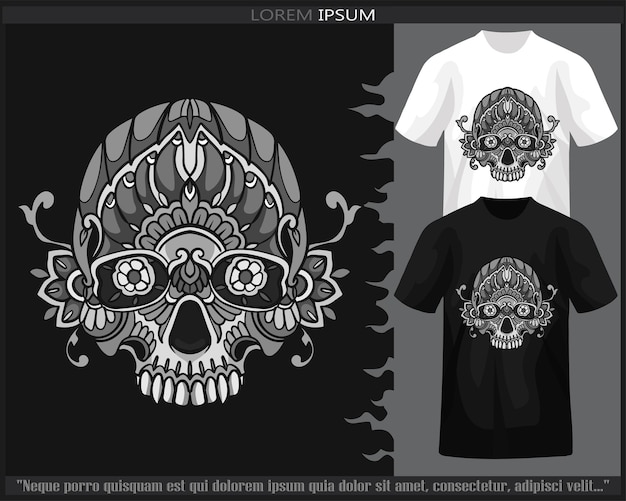 Artes de mandala de cabeza de calavera monocromática aisladas en camiseta en blanco y negro