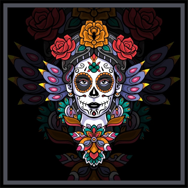 Artes de mandala con la cabeza de una chica de Calavera colorida