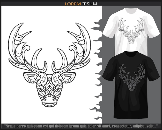 Artes de mandala de cabeza de ciervo aisladas en camiseta en blanco y negro