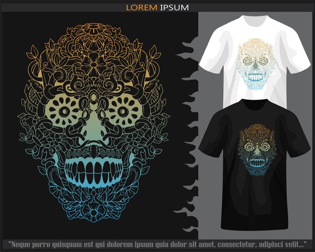 Artes de mandala de cabeza de cráneo aisladas en camiseta negra y blanca