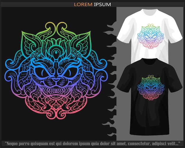 Artes de mandala de cabeza de gato degradado colorido aisladas en camiseta en blanco y negro