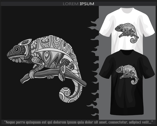 Artes de mandala de camaleón monocromáticas aisladas en camiseta en blanco y negro