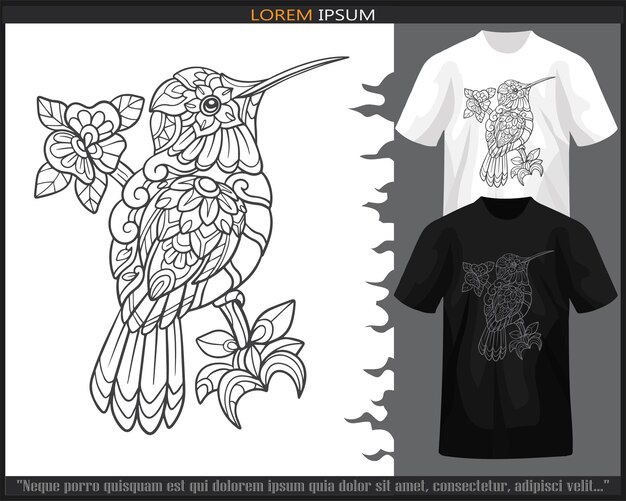 Artes de mandala de colibrí aisladas en camiseta en blanco y negro