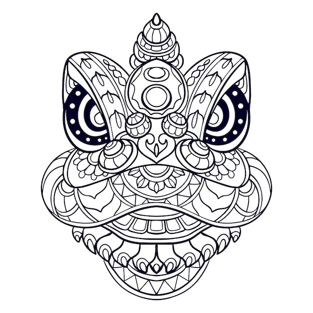 Vector artes de mandala de dibujos animados de danza del león aisladas sobre fondo blanco