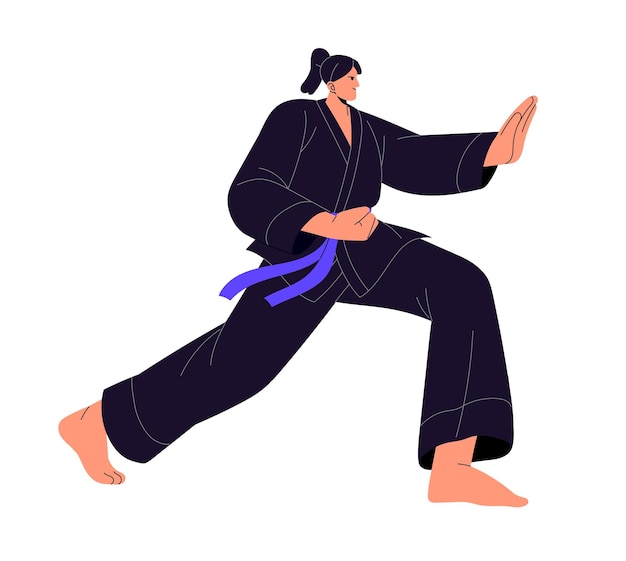 Artes marciales japonesas y chinas Mujer joven hace entrenamiento deportivo Deportista profesional practica karate judo kung fu Niña en postura de lucha Ilustración vectorial aislada plana sobre fondo blanco