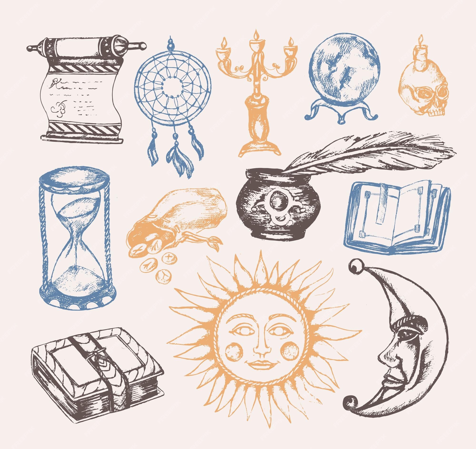 Artes místicas - ilustración vintage vector. pergamino realista, grimorio, bolígrafo, tintero, bola de cristal, vela en una calavera, atrapasueños, candelabro, bolsa de runas, libro, sol, luna, reloj de arena | Vector Premium Artes místicas - ilustración vintage vector. pergamino realista, grimorio, bolígrafo, tintero, bola de cristal, vela en una calavera, atrapasueños, candelabro, bolsa de runas, libro, sol, luna, reloj de arena | Vector Premium