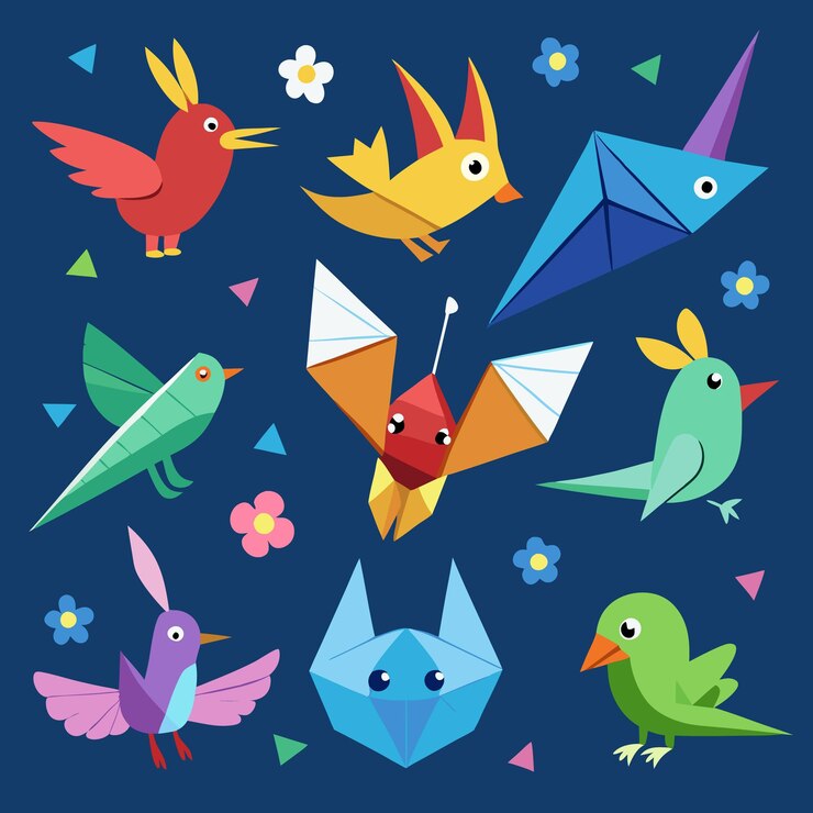Vector artesanía de papel origami con pequeñas criaturas voladoras