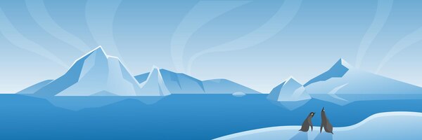 Vector Ártico antártico amplio panorama de paisaje de dibujos animados vida marina escena natural con iceberg y pingüinos