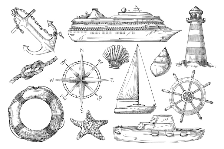 Vector artículo marino. barco en blanco y negro, ancla, faro, nudo de cuerda, brújula náutica, bote, aro salvavidas, volante, velero, estrella de mar, ilustración de boceto de concha. en el fondo