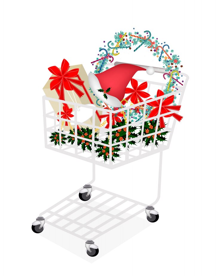 Vector artículo de navidad y caja de regalo en carrito de compras