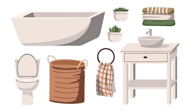 artículos de baño conjunto espejo estantería baño champú persil toallas ducha accesorios de baño y muebles conjunto cepillo de dientes fregadero vector artículos de dibujos animados conjunto con objetos aislados