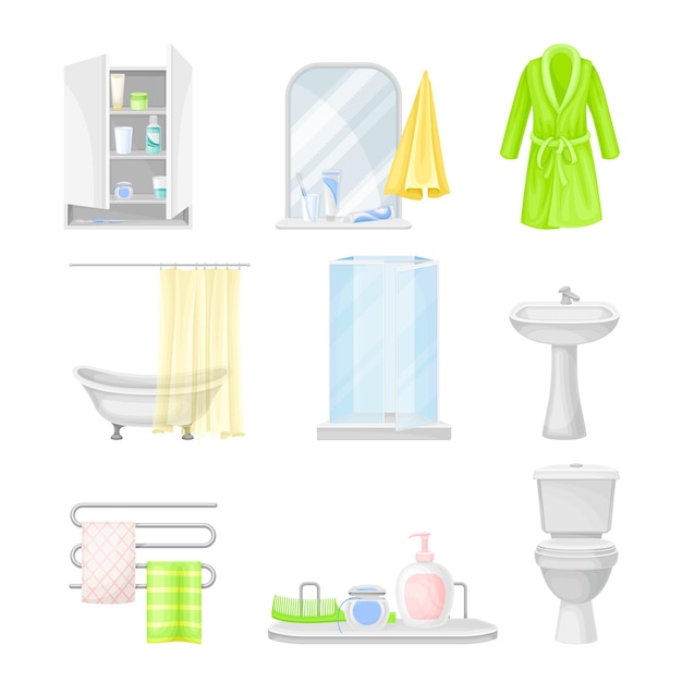 Vector artículos de baño con piezas de muebles y equipos de inodoros