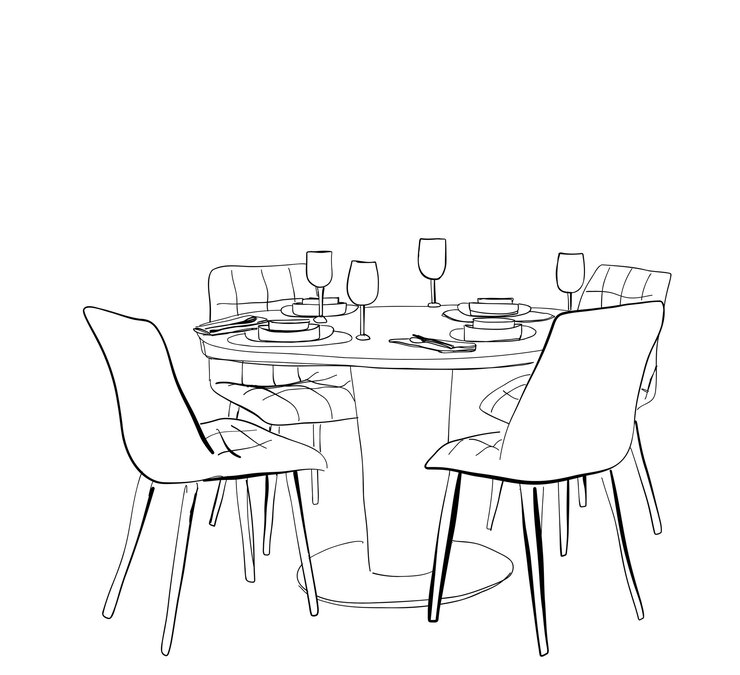Artículos de cena dibujados a mano Boceto de comida y bebida Mesa y silla de madera curvada