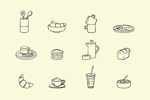 Artículos de cocina, cafetería, alimentos y equipos de cocina, conjunto de ilustraciones vectoriales dibujadas a mano