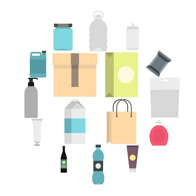 Artículos de embalaje set iconos planos