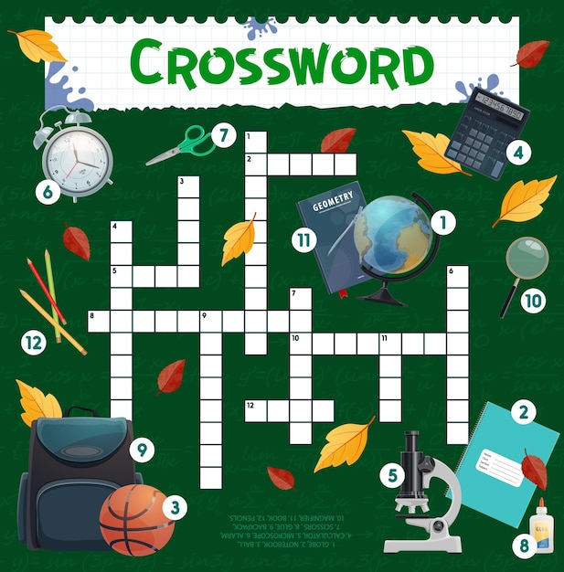 Artículos escolares y hoja de trabajo de cuadrícula de crucigramas de papelería Encuentre una palabra juego de preguntas niños acertijo educativo o actividad de juego de vocabulario Juego de texto intelectual de vector de niño escolar con papelería