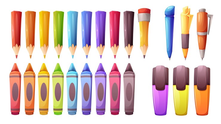 Vector artículos de escritura de dibujos animados para la escuela lápiz multicolor lápiz simple lápiz de cera crayones plumas y resaltadores elementos vectoriales en fondo blanco